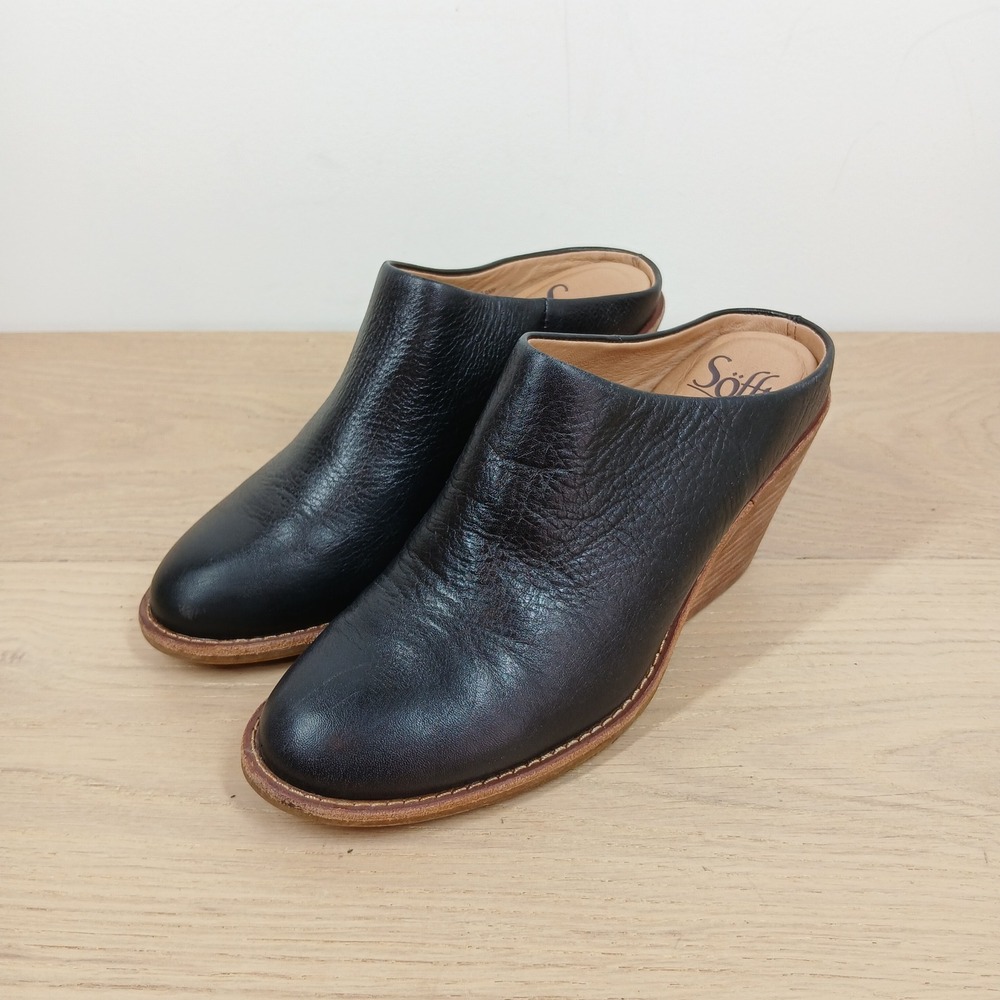 Sofft Mules Women's 6 Black Leather Almond Toe Wedge Heel Clogs Spring
